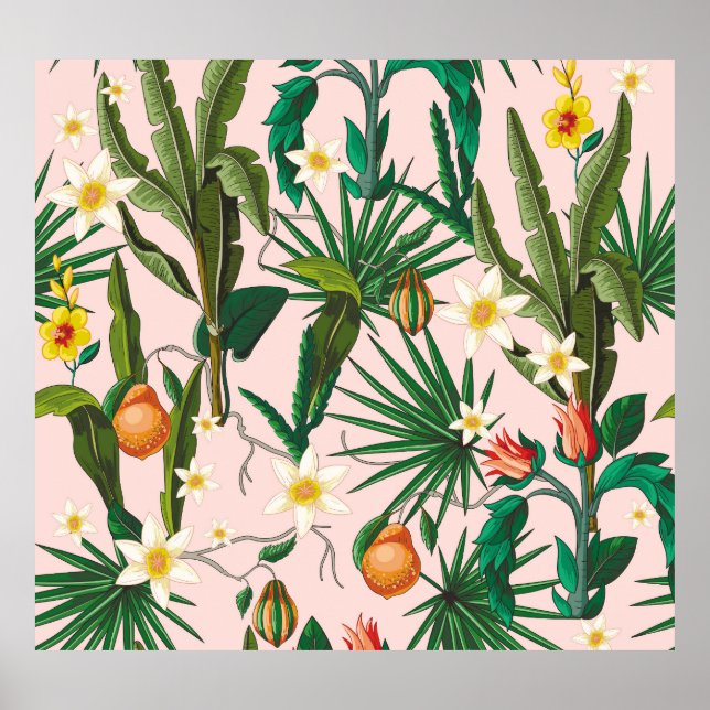 Poster Folha tropical, flor, padrão de fruta. (Frente)