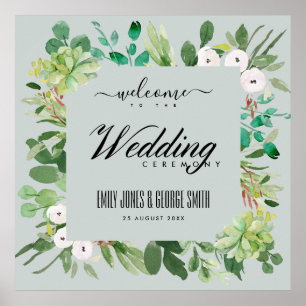 Poster FOLHAGEM COROA CINZA Aquarela BEM-VINDO CASAMENTO