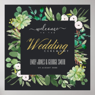 Poster FOLHAGEM DE COROA PRETA Aquarela CASAMENTO BEM-VIN