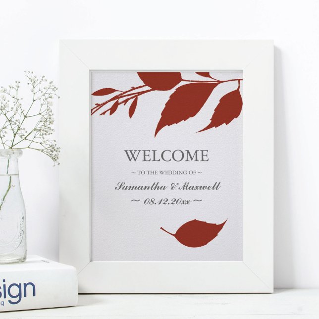 Poster Folhagem de Queda Laranja Queimada Folha Boia Boas (Orange wedding welcome sign minimalistic leaves )
