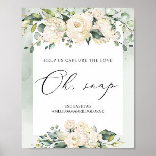 Poster Folhagem de rosas brancas de verde-aquarelas oh sn