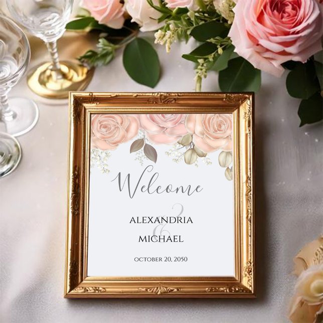 Poster Folhagem Elegante de Rosa de Aquarela Dourada (Blush pink and light blue wedding welcome sign)