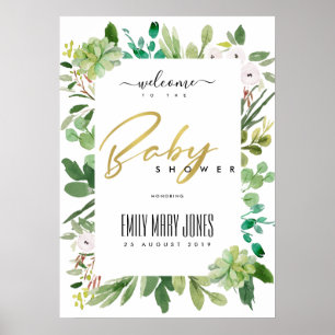 Poster FOLHAGEM SUCULENTA Aquarela CHÁ DE BEBÊ BEM-VINDO