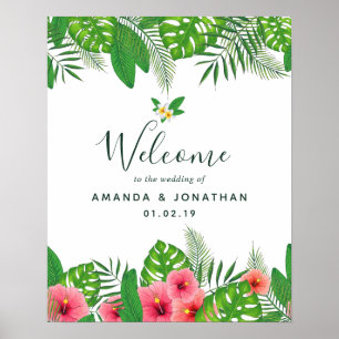 Poster Folhagem tropical de Watercolor Casamento Boas-vin