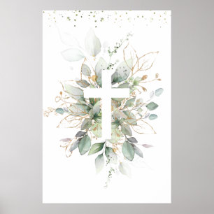 Poster Folhagem Verde Cruz Batismo Infantil