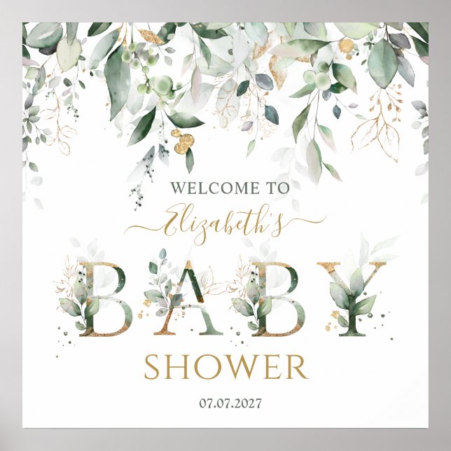 Poster Folhagem verde e dourada Sinal de Chá de fraldas d (Frente)