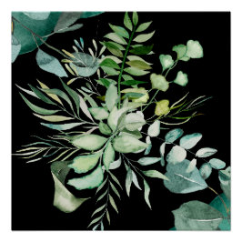 Póster Folhagem Verde Elegante Aquarela, Fundo Preto