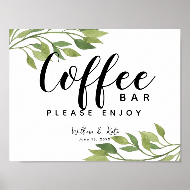 Poster folhagem, verde, placa de bar botânica do café (Frente)