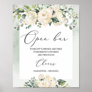 Poster Folhagem verde rosas brancas de cor aquática