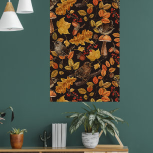 Poster Folhas, bagas, cogumelos e wrenes de outono