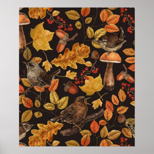 Poster Folhas, bagas, cogumelos e wrenes de outono