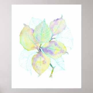 Poster Folhas Botânicas em Aquarela Amarelo Verde Pastel