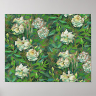 Poster Folhas brancas de folhas verdes pintura floral