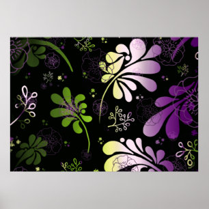 Poster Folhas coloridas estilizadas e flores a preto