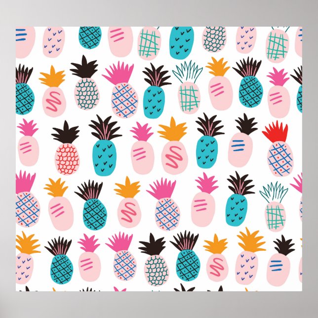 Poster Folhas de abacaxi coloridas, rabisco tropical. (Frente)