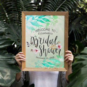 Poster Folhas de Aquarela Verde Chique Boas-Vindas para C