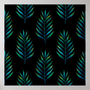 Poster Folhas de aquarela verde sobre fundo preto