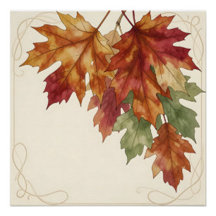 Póster Folhas de Bordo Outono Aquarela Elegantes