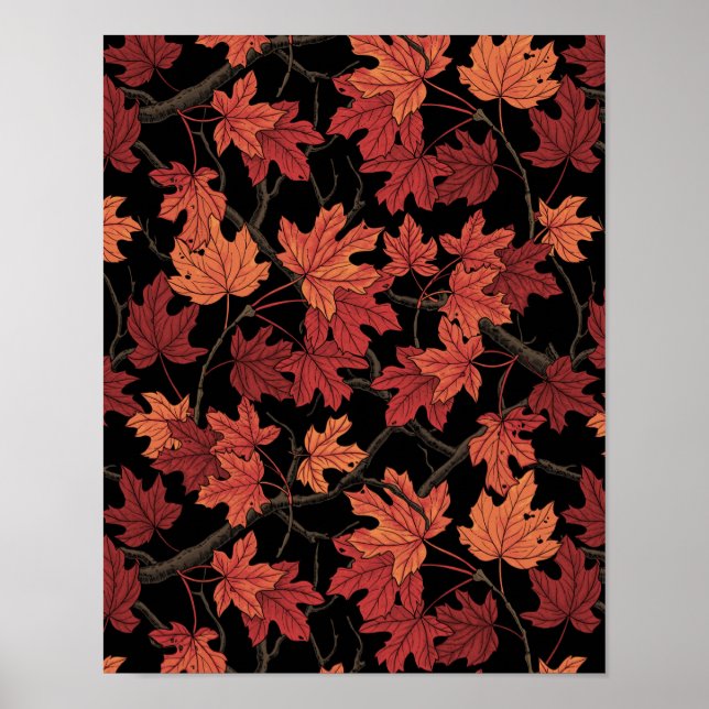 Poster Folhas de bordo vermelhas de outono em preto (Frente)