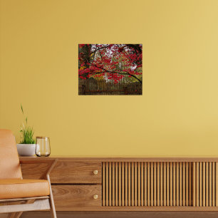 Poster Folhas de Bordo Vermelhas e Foto de Cerca de Bambu