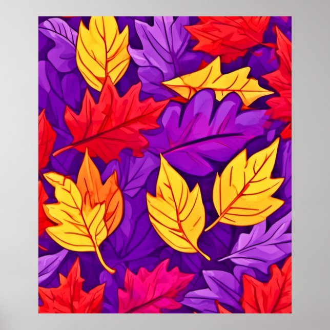 Poster Folhas de Cartoon Vivas: Roxo, Amarelo, Vermelho (Frente)