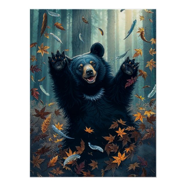 Póster Folhas de Dispersão de Urso Negro Feliz (Frente)