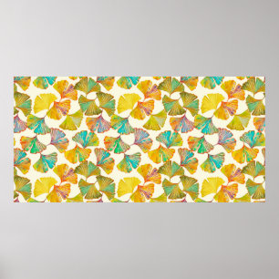 Poster Folhas de Gingko no chão sem soldadura. Watercolo