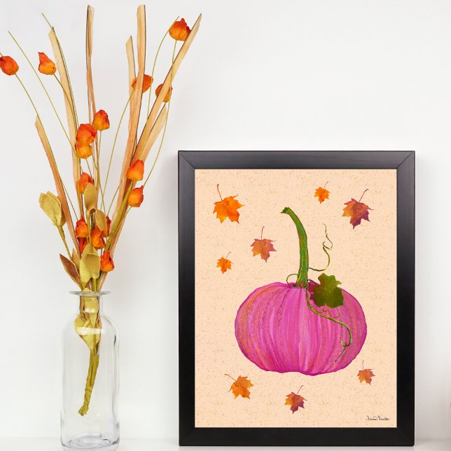 Poster Folhas de outono de Abóbora Rosa (Pretty Pink Pumpkin with fall leaves in watercolor.)