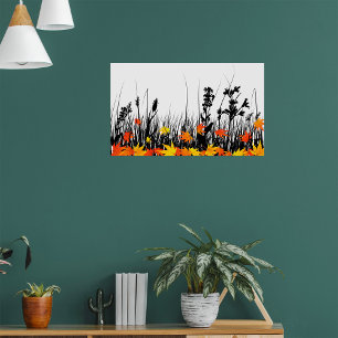 Poster Folhas de outono e Silhueta de grama selvagem