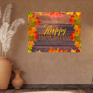 Poster Folhas de Outono em Madeira de Celeiro Feliz Dia d