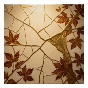 Póster Folhas de Outono em Mármore Dourado Kintsugi