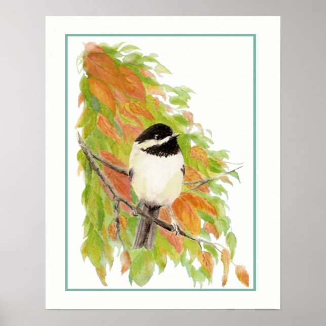 Póster Folhas de Quebra de Aves do Chickadee do Autumn (Frente)