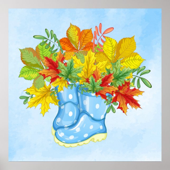 Poster Folhas de queda de botas de chuva ponto-polca azul (Frente)