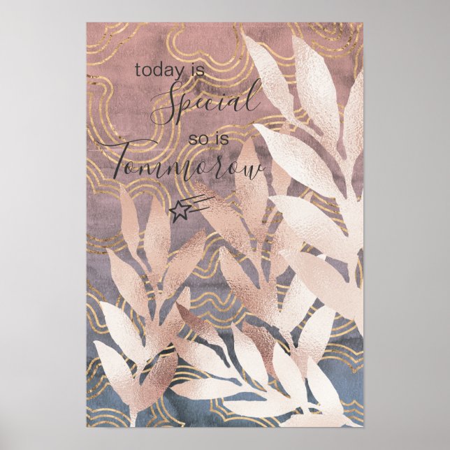 Poster Folhas de 'Rosa Dourado' em Ondas Rosa/Azul com Ci (Frente)
