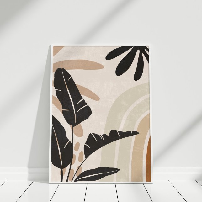 Poster Folhas de tonalidade Boho Abstrato da Terra e Post (Boho Abstract Earth Tone Leaves and Rainbow Poster in a white frame.)