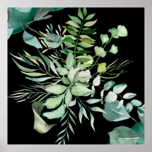 Poster Folhas e Flores Botânicas em Aquarela Verde
