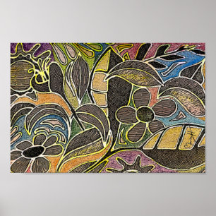 Poster Folhas e flores cinzeladas mão - no azul