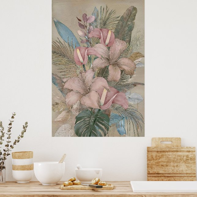 Poster Folhas e Flores Tropicais Vintage (Cozinha)