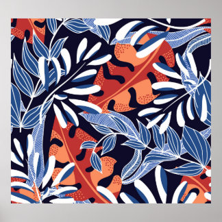 Poster Folhas tropicais coloridas com fundo azul
