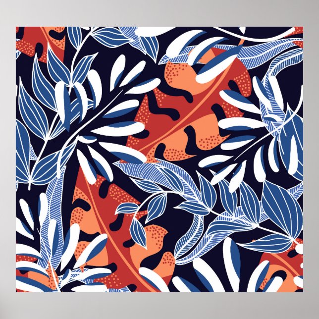 Poster Folhas tropicais coloridas com fundo azul (Frente)