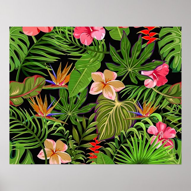 Poster Folhas Tropicais Coloridas e Flores de Hibisco | (Frente)