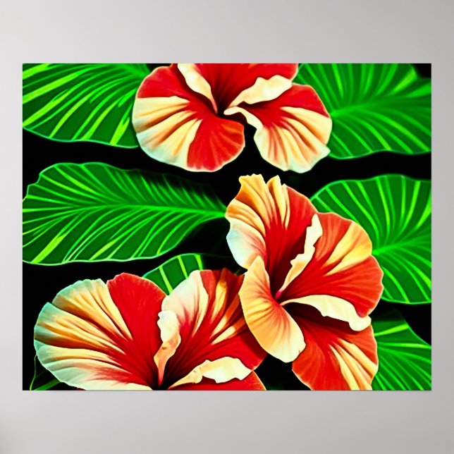 Poster Folhas Tropicais Coloridas e Flores de Hibisco | (Frente)