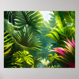 Poster Folhas Tropicais Coloridas e Flores de Hibisco
