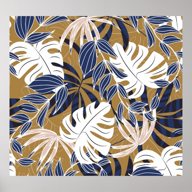 Poster Folhas Tropicais Coloridas Fundo Laranja (Frente)