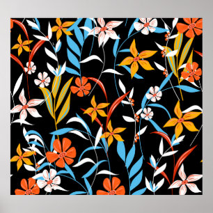 Poster Folhas tropicais coloridas: padrão de fundo escuro