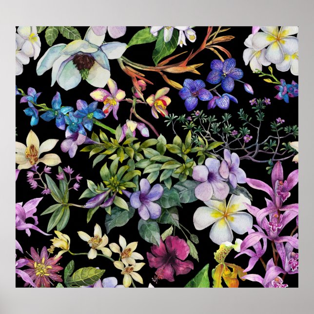 Poster Folhas tropicais de aquarela: padrão sem costura (Frente)