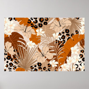 Poster Folhas tropicais de pele-leopardo flores de hibisc