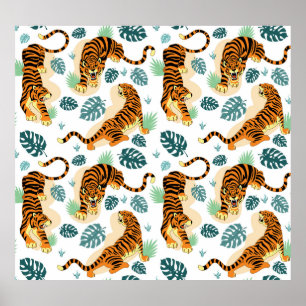 Poster Folhas Tropicais de Tigres: Ilustração Vintage.