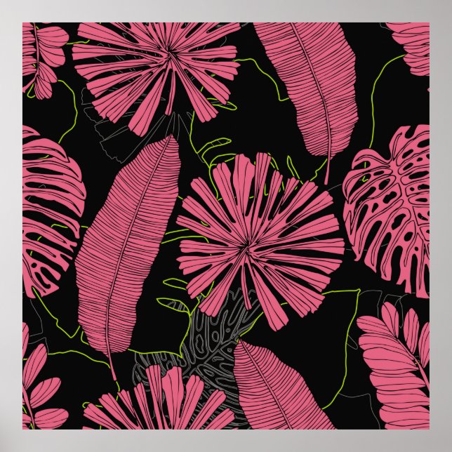 Poster Folhas tropicais desenhadas à mão. Planta exótica. (Frente)