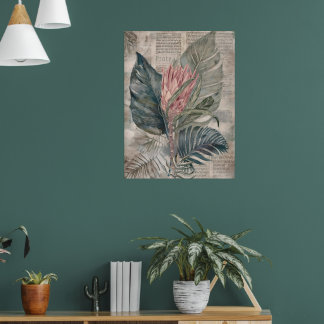 Poster Folhas Tropicais e Protea Vintage